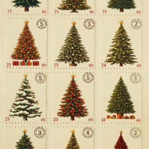 Selos Vintage de Natal – Árvores Clássicas | Cartela de Adesivos Digitais para Impressão