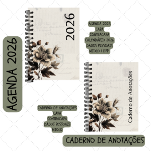 Kit Organizador – Agenda 2026 + Caderno Floral Vintage (PDF Imprimível)